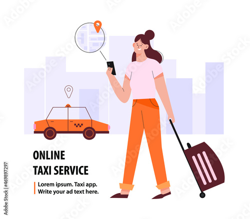 Woman booking a car on smartphone with map. Taxi app on the screen with route and points location on a city map. Online Taxi service concept. 