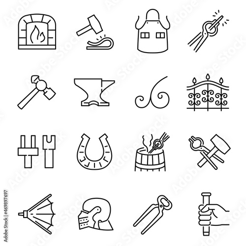 Monochrome blacksmith craft handwork icon line set vector illustration. Craftsmanship logo horseshoe