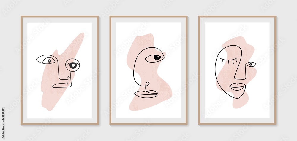 Contemporary abstract faces in one line art style on colorful shapes. Abstract Art design for print, wallpaper, cover. Modern vector illustration. Contemporary abstract faces in one line art style on colorful shapes. Abstract Art design for print, wallpaper, cover. Modern vector illustration.