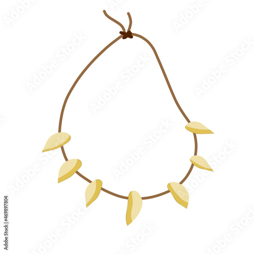 Necklace of teeth and fangs. Decoration of wild primitive man for neck. Primitive tribal art. Caveman Clothing. Flat cartoon illustration