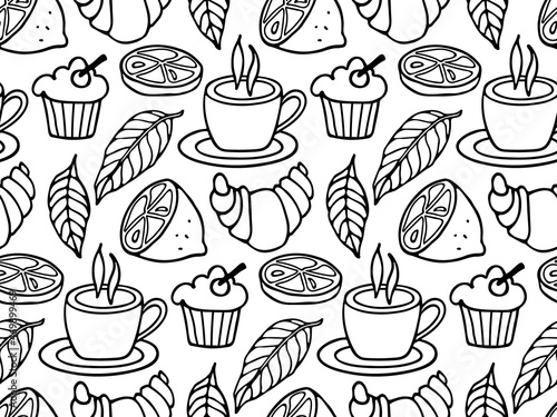 Tea seamless pattern. Cup of tea, leaves, lemon, cupcake, croissant sketch background. Black white Cartoon vector for print, wallpaper, wrapping, packing, textile, scrapbooking. International Tea Day.
