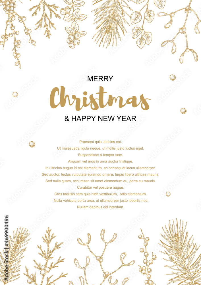 Merry Christmas and happy New Year vertical greeting card with floral elements. Hand drawn vector illustration