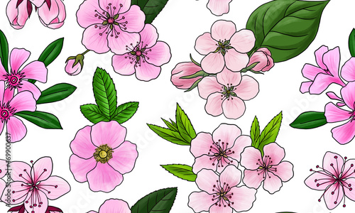 drawing seamless pattern with pink flowers and green leaves at white background  hand drawn illustration