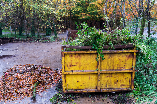 Big size metal skip in a park for fallen leaf and rubbish removal. Heavy industrial container to collect debris from a forest park on a specially designated area. Fall autumn season. © mark_gusev