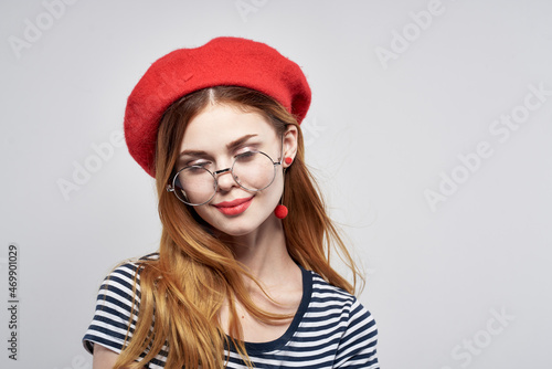 cheerful woman wearing glasses posing fashion attractive look red earrings jewelry Fresh air