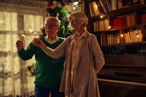 Sparkly Christmas at home for loving senior couple © bernardbodo