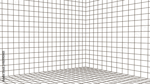Wireframe room on the white background. Vector perspective grid. Box with digital space.