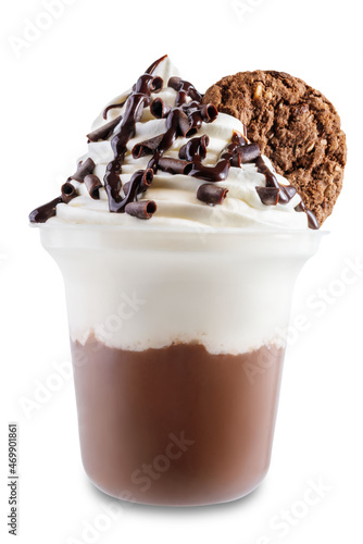 Chocolate cocktail or dessert with whipped cream on a white isolated background