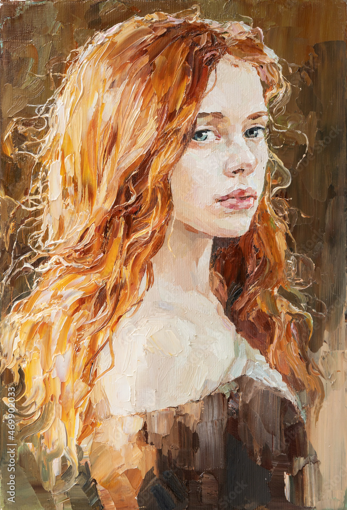 Close-up portrait of a red-haired girl. A woman with a large head of curly  hair. Oil painting on canvas. Stock Illustration | Adobe Stock