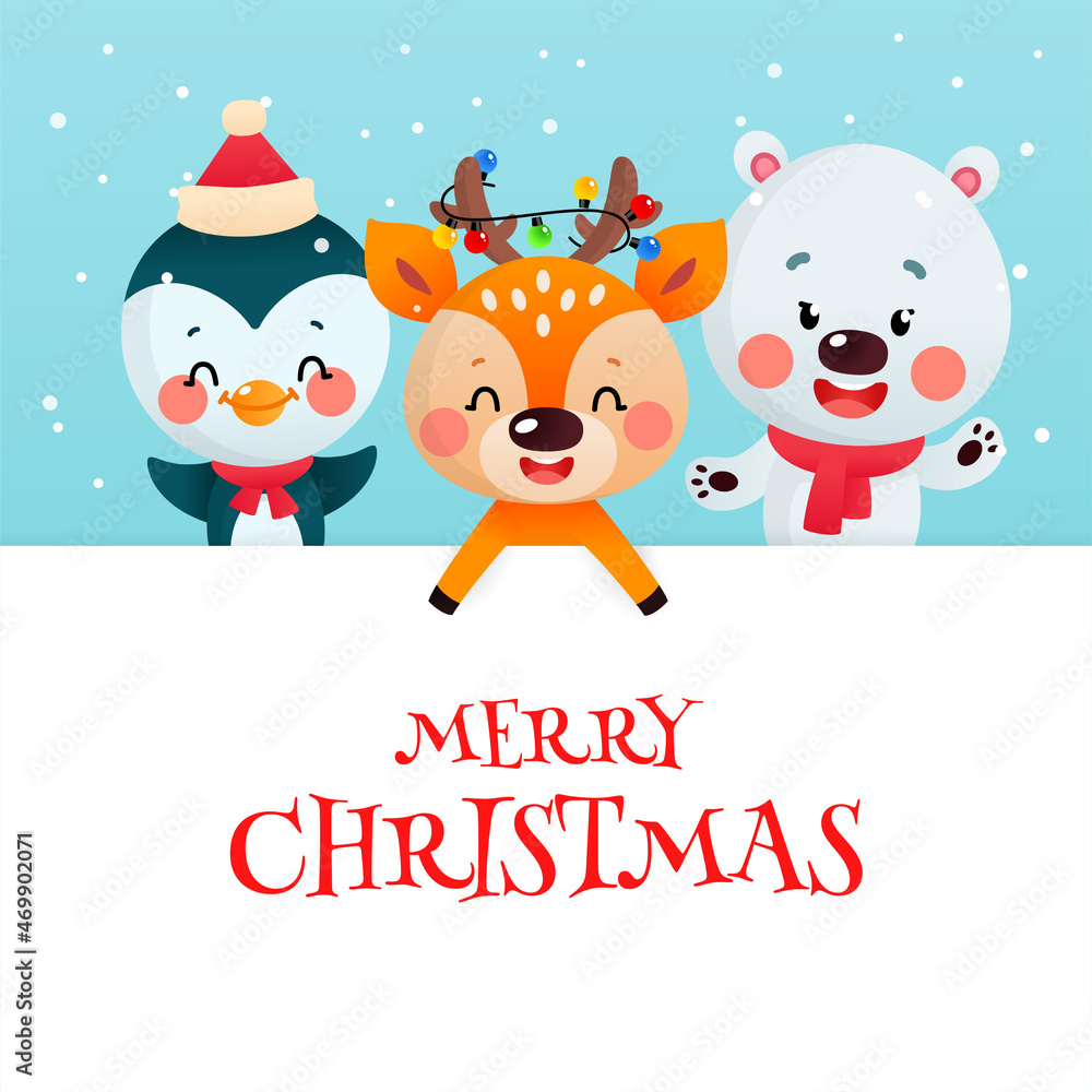 Cute Merry Christmas card with cartoon characters. Winter backdrop with a funny little deer, a penguin and a polar bear with a big signboard on a background of snowfall. Vector illustration 10 EPS. Cute Merry Christmas card with cartoon characters. Winter backdrop with a funny little deer, a penguin and a polar bear with a big signboard on a background of snowfall. Vector illustration 10 EPS.