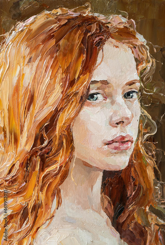 Fototapeta Naklejka Na Ścianę i Meble -  Close-up portrait of a red-haired girl. A woman with a large head of curly hair. Oil painting on canvas.