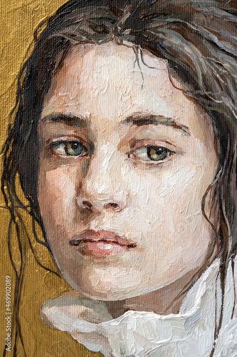 Fototapeta Naklejka Na Ścianę i Meble -  Oil painting. Portrait of a girl on a gold background. The art is done in a realistic manner.
