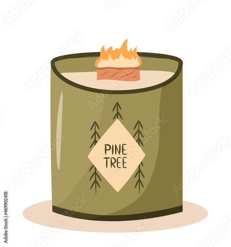 Scented candle in a jar with a wooden wick. Hygge time. Cozy aroma candle isolated on white background. Hand drawn flat vector illustration.