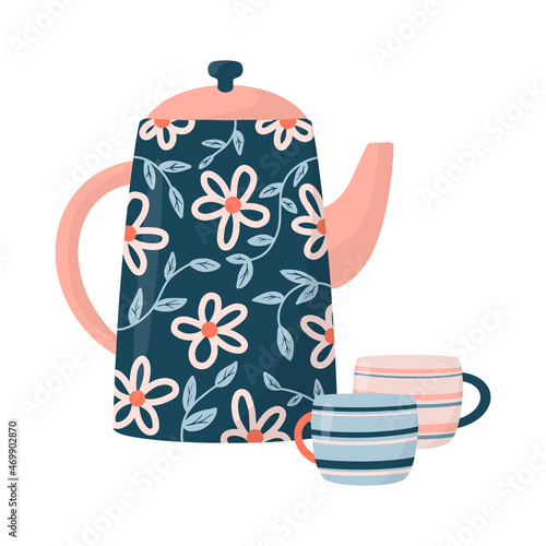 Ceramic teapot and pair of cups or mugs isolated on white background. Ceramic drinkware or glassware for tea ceremony. Flat cartoon vector illustration