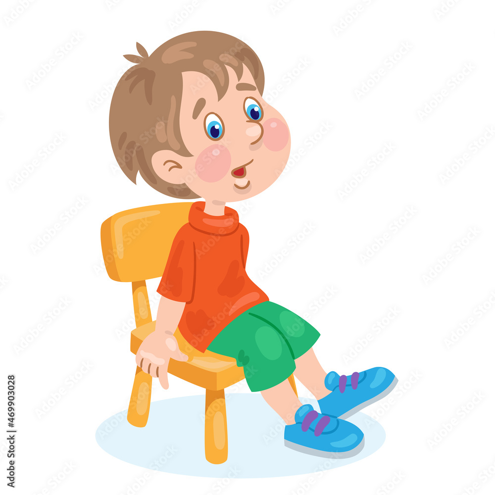 Pensive little boy sits on a baby chair. In cartoon style