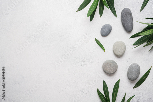 Spa stone light gray background with green plant leaves and zen pebble stone. Top view, copy space