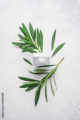 Cosmetic products in glass jar  on light gray stone spa background with branches of green plant and pebble stone