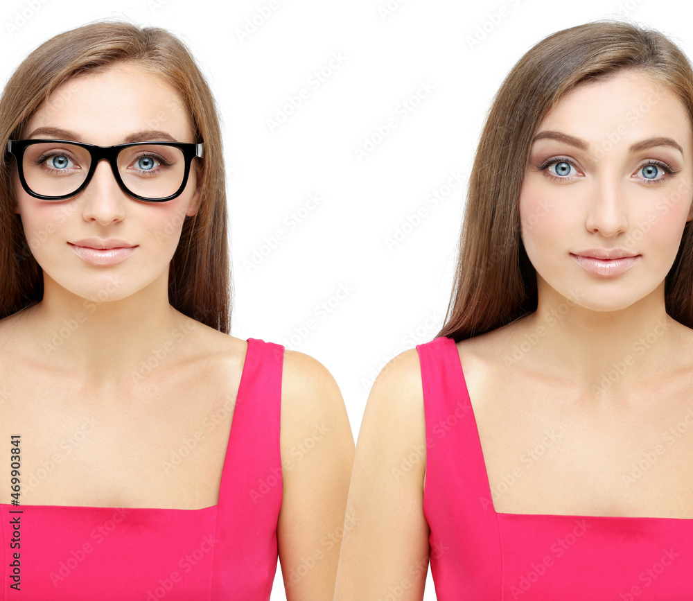 Girl wearing black glasses and girl without glasses Girl wearing black glasses and girl without glasses