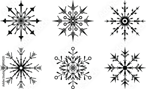 snowflake winter set black isolated six icon silhouette on white background