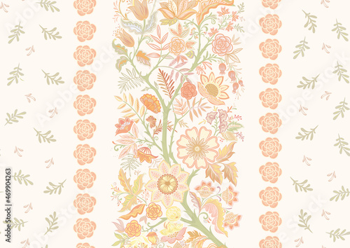 Seamless pattern with stylized ornamental flowers in retro, vintage style. Vector illustration in soft colors