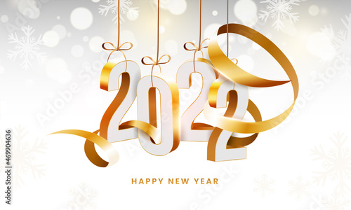 3D 2022 Number Hang With Golden Curve Ribbon And Snowflakes On White Bokeh Background For Happy New Year Concept.