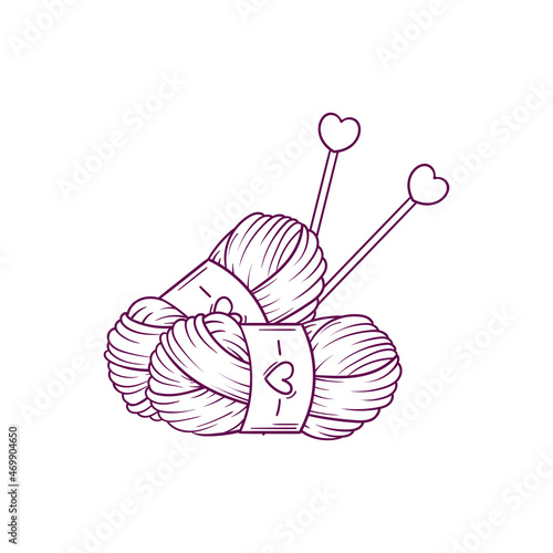 Hand drawn two skeins of yarn and needles in doodle style isolated on white background