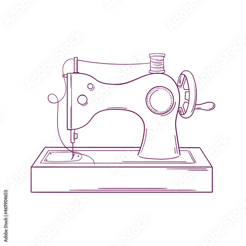 Hand drawn old sewing machine isolated on white background