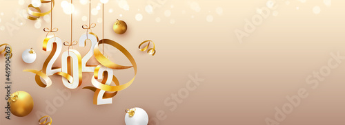 Canvas 3D 2022 Number Hang With Golden Curl Ribbons And Baubles On Peach Bokeh Background
