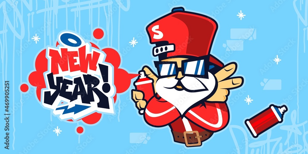 Naklejka premium Cartoon Hiphop Urban Style Santa Claus Spraying Graffiti New Year Vector Illustration Art