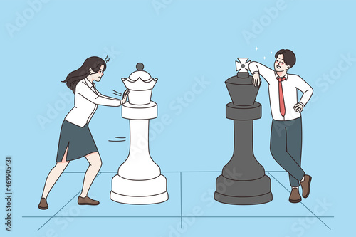 Business strategy and competition concept. Business people woman and man standing and playing chess with chess figures during rivalry vector illustration 