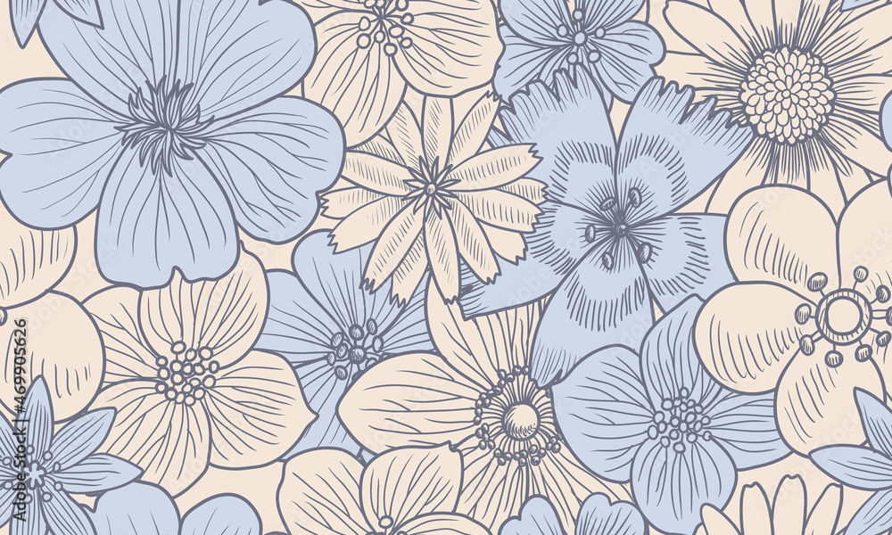 vector drawing vintage seamless pattern with flowers, hand drawn illustration