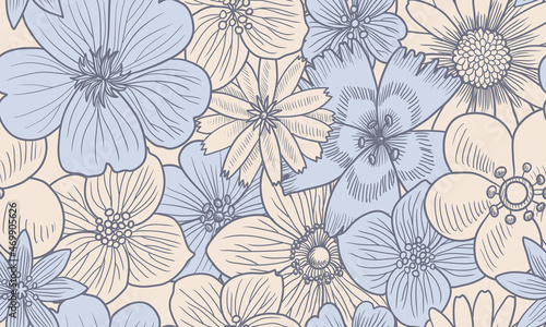 vector drawing vintage seamless pattern with flowers  hand drawn illustration