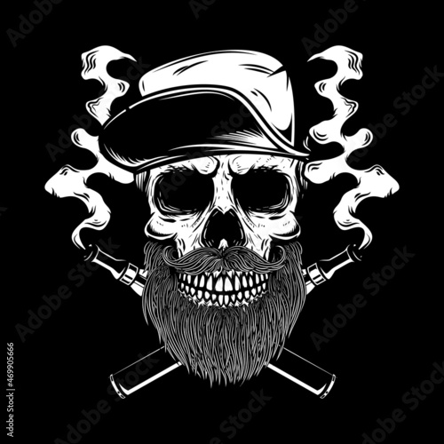 Bearded skull with crossed vapes. Design element for logo, emblem, sign, poster, t shirt. Vector illustration