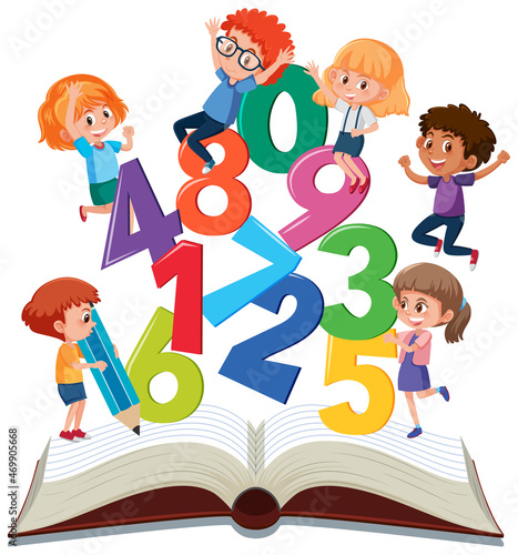 Children learning math with tools on book isolated