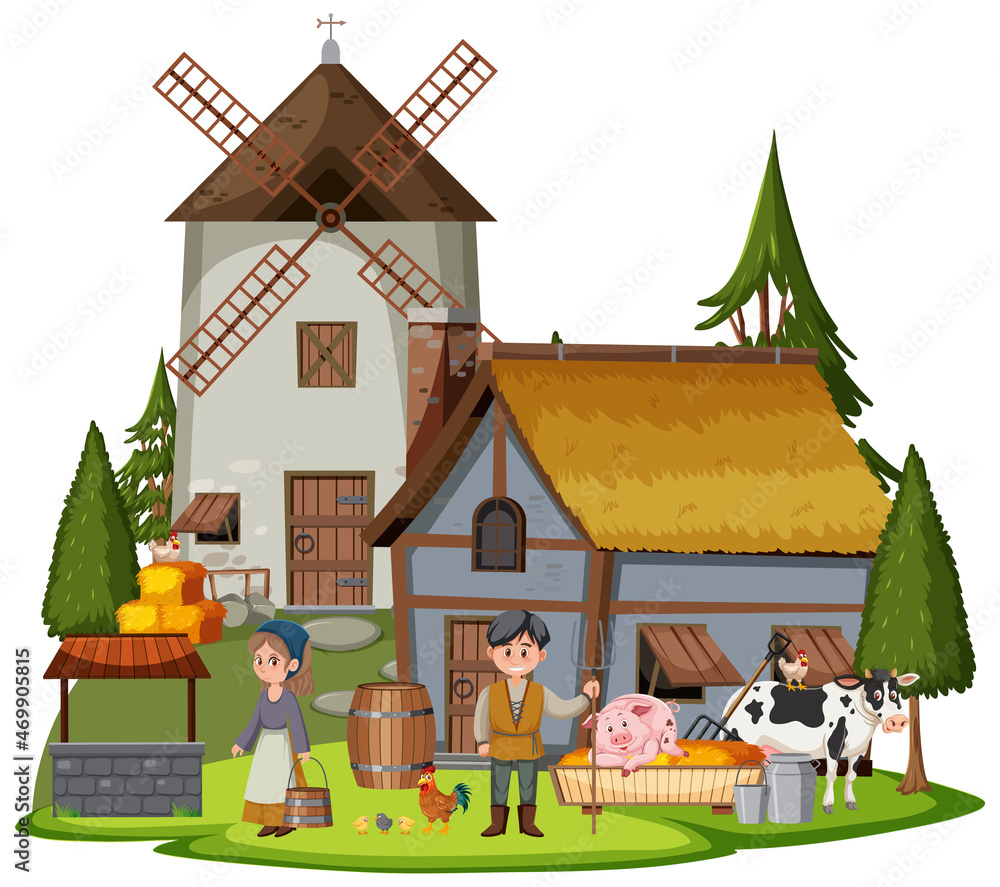 Naklejka premium Medieval house with villagers and farm animals