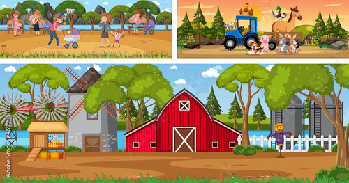 Outdoor panoramic landscape scenes set with cartoon character