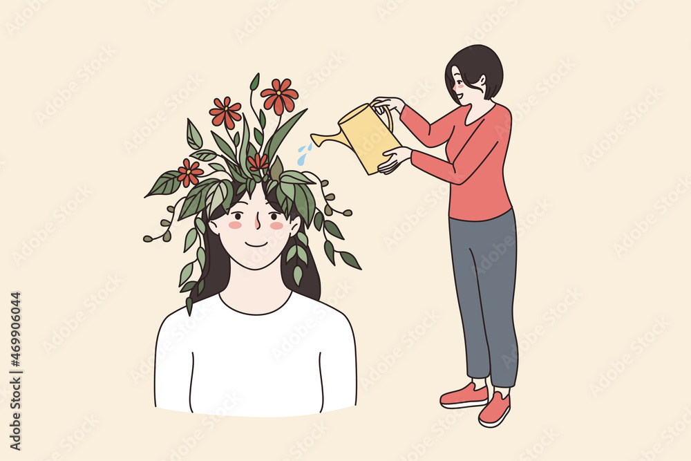 Self development and creativity concept. Young smiling woman standing watering blooming red flowers in head of female vector illustration Self development and creativity concept. Young smiling woman standing watering blooming red flowers in head of female vector illustration