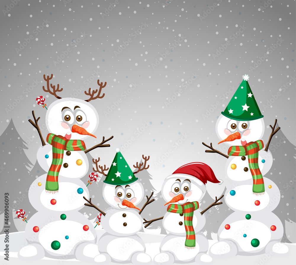 Snowman family on snow grey gradient background Snowman family on snow grey gradient background