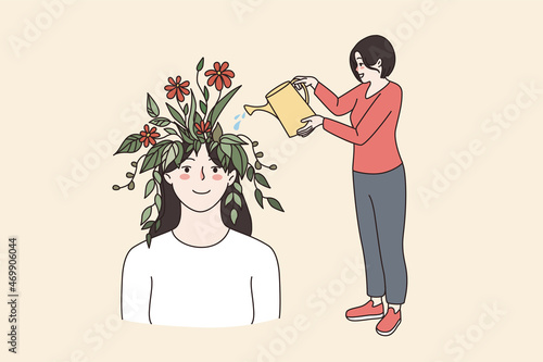 Self development and creativity concept. Young smiling woman standing watering blooming red flowers in head of female vector illustration 