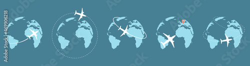 Travel icons with airplane fly around the earth. Vector illustration.Tourism transportation concept