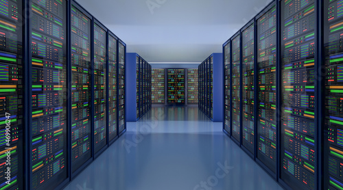 Data server rack center. Telecommunications, Cloud Computing, Artificial Intelligence, Database, Super Computer Technology Concept.