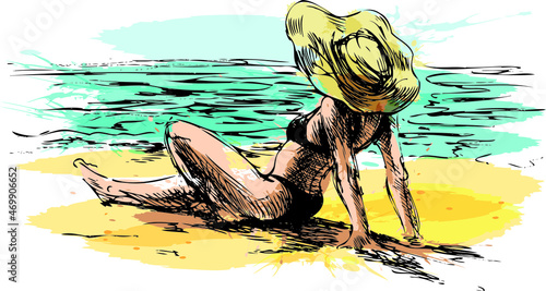 Colored hand sketch woman on the beach. Vector illustration.