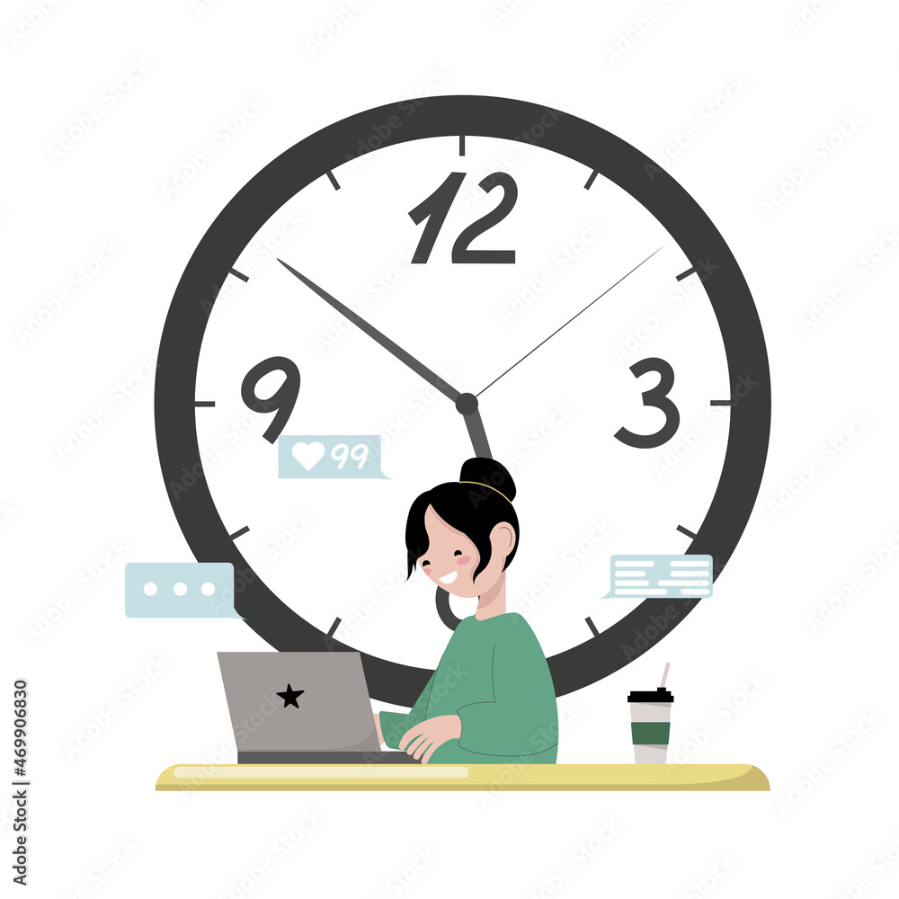 Home office concept, woman working in office, student or freelancer. Cute vector illustration in flat style.