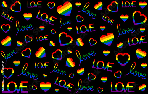 Rainbow pride flag with LGBT symbol and love word