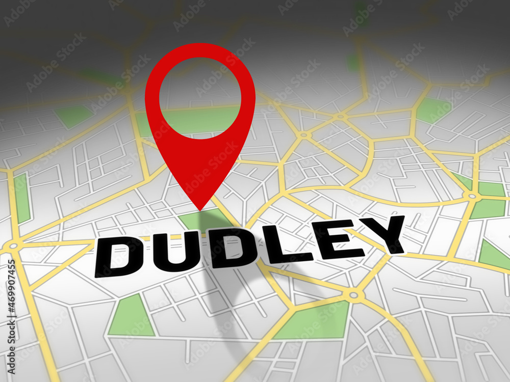 Fototapeta premium Dudley on map with red GPS navigation pin. United kingdom location with generic map background.