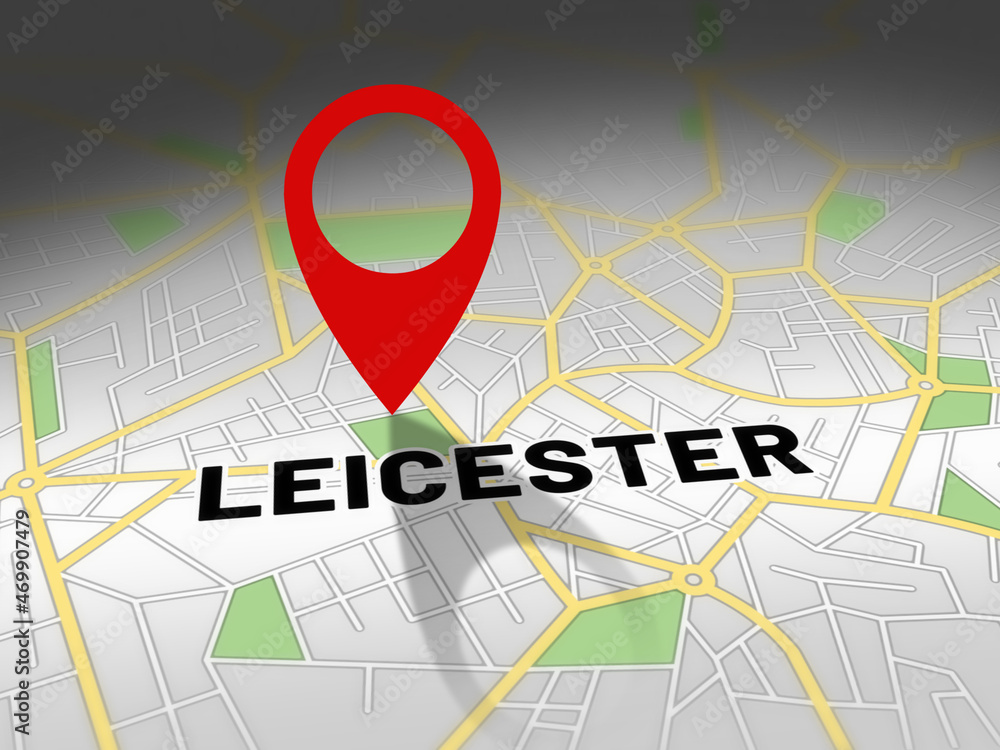 Fototapeta premium Leicester on map with red GPS navigation pin. United kingdom location with generic map background.