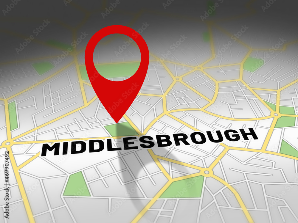 Fototapeta premium Middlesbrough on map with red GPS navigation pin. United kingdom location with generic map background.