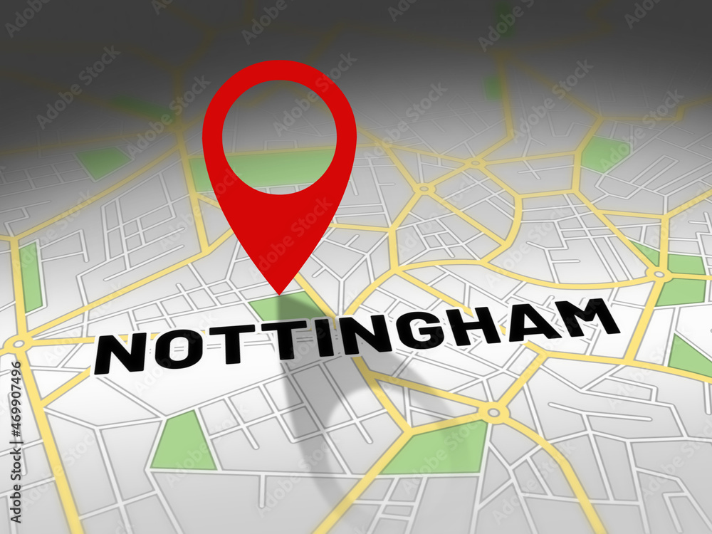 Fototapeta premium Nottingham on map with red GPS navigation pin. United kingdom location with generic map background.