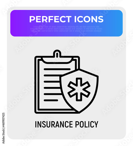 Insurance policy thin line icon: document with sign of health protection. Modern vector illustration.