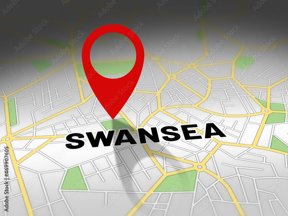 Fototapeta premium Swansea on map with red GPS navigation pin. United kingdom location with generic map background.